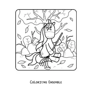 Dessin à colorier d’une licorne rigolote qui balaie des feuilles d’automne.