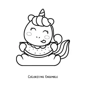 Image à colorier d’une licorne animée assise en train de manger de la pastèque