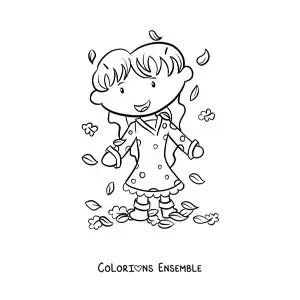 Dessin à colorier d’une petite fille qui joue avec des feuilles d’automne.