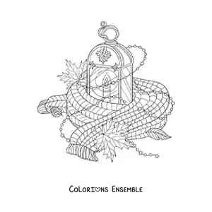 Dessin à colorier d’une écharpe, de feuilles sèches et d’une lanterne, des éléments de l’automne.