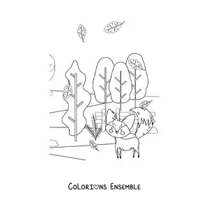 Dessin à colorier d’un renard et d’un paysage d’automne.