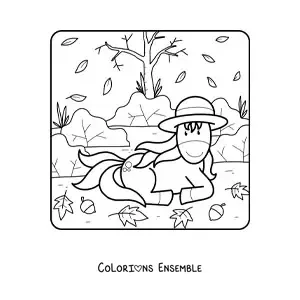Dessin à colorier d’une licorne rigolote qui se repose sur des feuilles sèches.