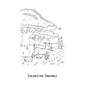 Dessin à colorier d’un chien et d’un paysage d’automne.