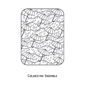 Dessin à colorier de plusieurs parapluies sous la pluie d’automne.