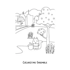 Dessin à colorier d’un écureuil dans un paysage automnal.