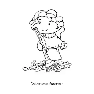 Dessin à colorier d’une petite fille avec des feuilles d’automne.