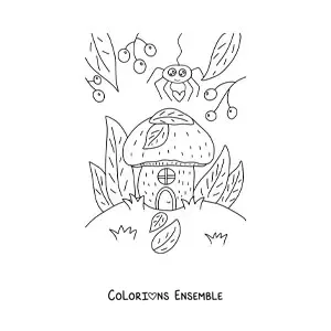 Dessin à colorier d’une maison de fée dans la forêt d’automne.