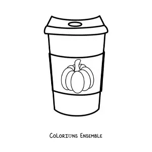 Dessin à colorier d’un gobelet de café décoré d’une citrouille.