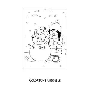Dessin à colorier d’une petite fille en hiver avec un bonhomme de neige.