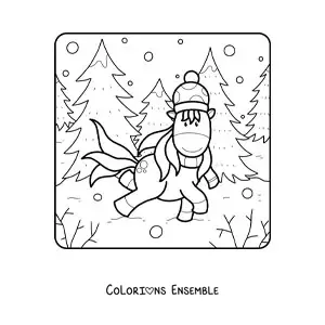 Dessin à colorier d’une licorne dans une forêt en hiver.