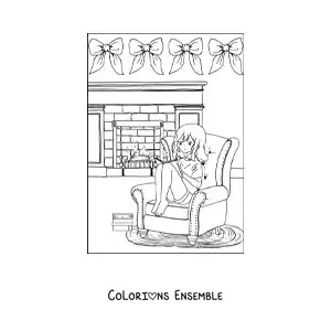 Dessin à colorier d’une petite fille assise près de la cheminée en hiver.