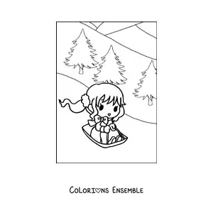 Dessin à colorier d’une petite fille kawaii avec une luge.