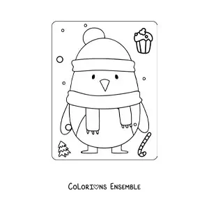 Dessin à colorier d’un pingouin kawaii en hiver.