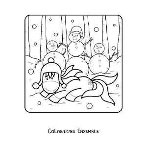 Image à colorier d’une licorne entourée de plusieurs bonhommes de neige
