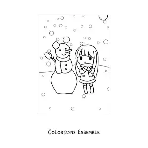 Image à colorier d’une fille kawaii à côté d’un bonhomme de neige