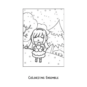 Image à colorier d’une fille dans une forêt en hiver
