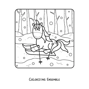 Image à colorier d’une licorne toute mignonne qui fait du ski en hiver