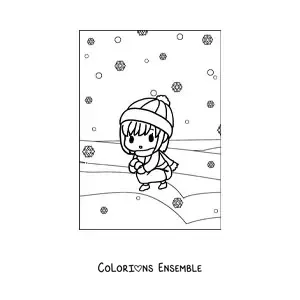 Image à colorier d’une fille kawaii qui joue dans la neige