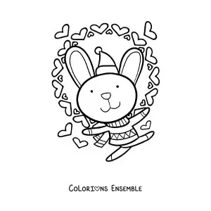 Image à colorier d’un petit lapin kawaii avec une écharpe et un bonnet d’hiver
