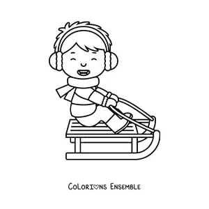 Image à colorier d’un enfant heureux sur une luge