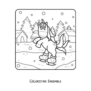 Image à colorier d’une licorne qui patine sur la glace en hiver