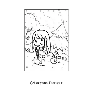 Image à colorier d’une fille kawaii qui joue dans la neige en hiver