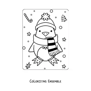 Image à colorier d’un pingouin kawaii avec une écharpe en hiver