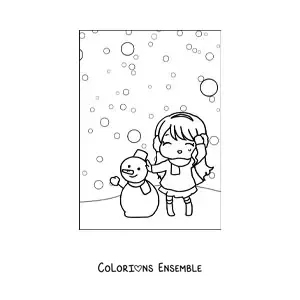 Image à colorier d’une fille kawaii sous une chute de neige avec un bonhomme de neige