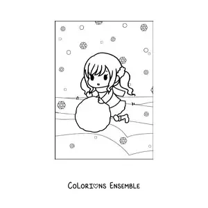 Image à colorier d’une fille kawaii avec une boule de neige géante