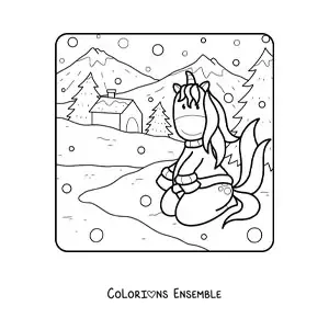 Image à colorier d’une licorne toute mignonne dans un paysage d’hiver