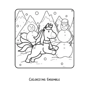 Image à colorier d’une licorne à côté de plusieurs bonhommes de neige