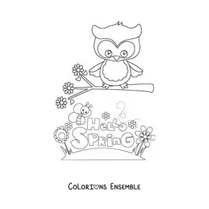 Image à colorier d’un hibou et d’une abeille à côté du mot anglais spring