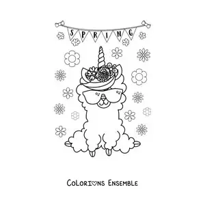 Image à colorier d’un lama kawaii à côté du mot anglais spring