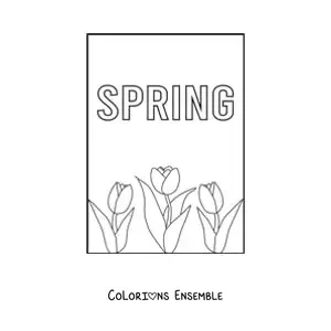 Image à colorier de plusieurs tulipes et du mot anglais spring