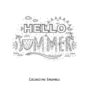 Image à colorier du mot anglais summer avec des éléments de l’été