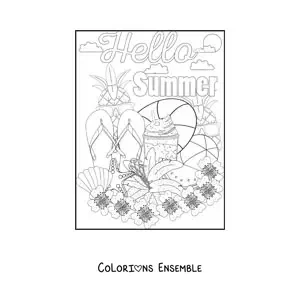 Image à colorier de plusieurs éléments de l’été et du mot anglais summer