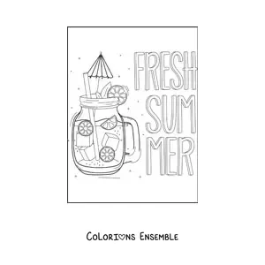Image à colorier d’une boisson rafraîchissante à côté du mot anglais summer