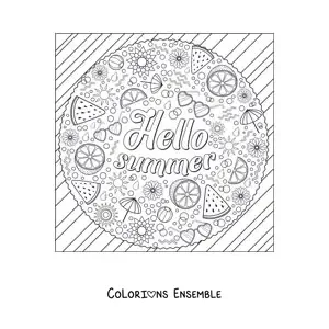 Image à colorier de plusieurs éléments de l’été à côté du mot anglais summer