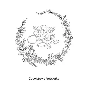 Image à colorier d’une couronne de fleurs tropicales avec le mot anglais summer