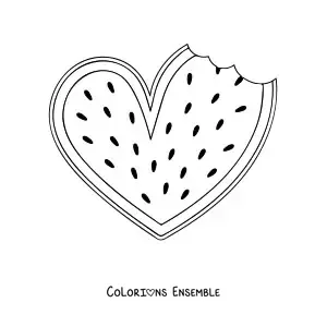 Coloriage d'une pastèque en forme de cœur, croquée sur un côté