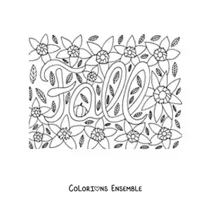 Image à colorier du mot anglais fall entouré de fleurs et de feuilles