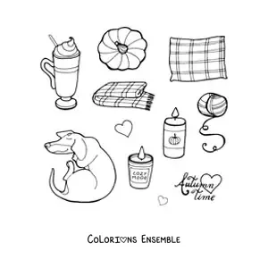 Image à colorier de plusieurs éléments d’automne et du mot anglais autumn