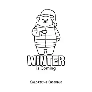 Image à colorier d’un ours tout mignon bien couvert et du mot anglais winter