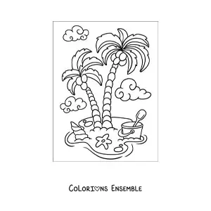 Image à colorier d’une plage avec des palmiers