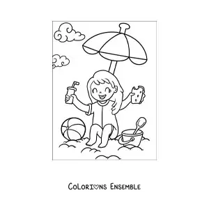 Image à colorier d’une petite fille à la plage avec un goûter et des jouets