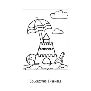 Image à colorier d’un château de sable sur la plage