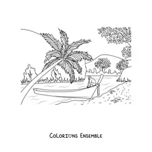 Image à colorier d’une baie tropicale avec des palmiers