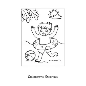 Image à colorier d’un petit garçon qui joue à la plage avec un ballon et une bouée
