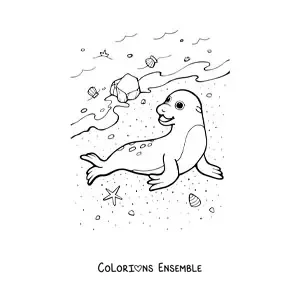 Image à colorier d’un phoque au bord de la plage