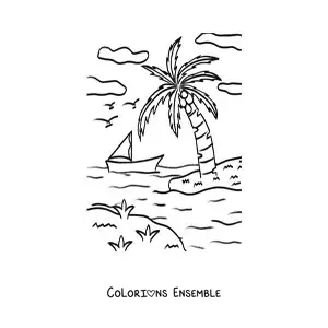 Image à colorier d’un voilier sur la plage